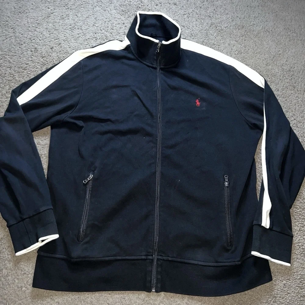 Polo Ralph Lauren Track Jacket Mens XL Black White Stripe Full Zip Pony